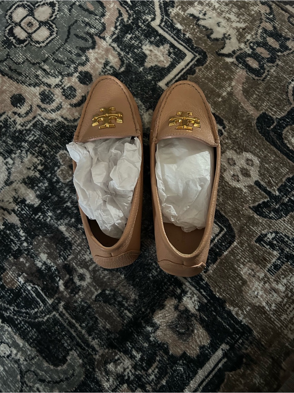 Tory Burch Tan Leather Driving Loafers with Gold Logo